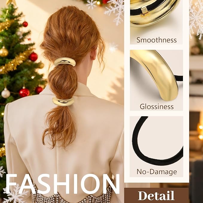 4PCS Gold Hair Ties, Metal Hair Ties for Thick Hair, Elegant Durable Round Geometric Design Hair Cuffs, Gold Hair Accessories for Women, Stretchy Non-Damage Ponytail Holders Christmas Gifts