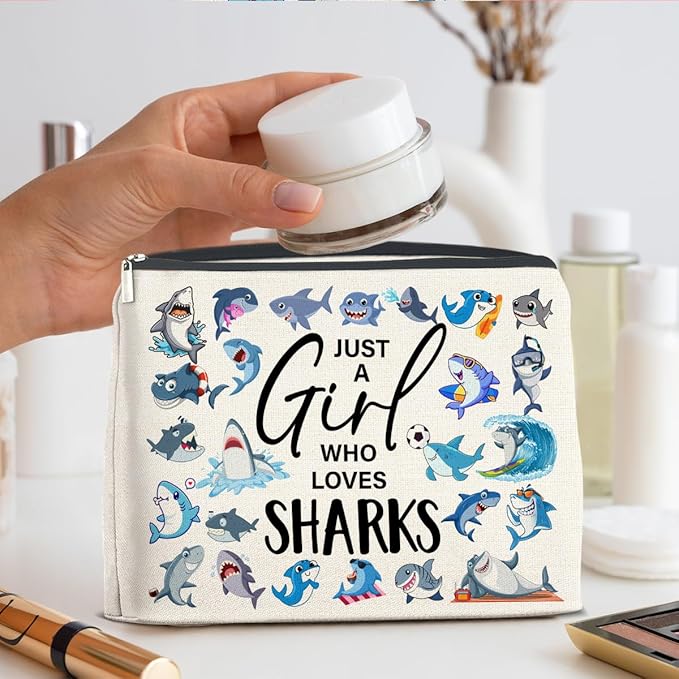 Shark Gifts Makeup Bag Sharks Lover Gifts Shark Gifts for Women Friend Sister Girl Birthday, Just a Girl Who Loves Sharks Zipper Makeup Pouch