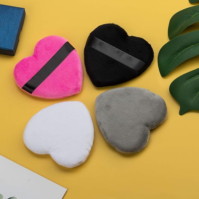 OIIKI 4PCS Makeup Puffs, Cotton Powder Puff, Makeup Tool Sponges Blender Cleanser, in Love Shape with Strap, for Cosmetic (Gray+White+Rose+Black)