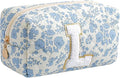 Gleyemor Personalized Initial Makeup Bag for Women, Cute Quilted Blue Floral Cotton Cosmetic Bag, Christmas Gifts for Her Mom Friend Sister Bridesmaid Teacher Women L