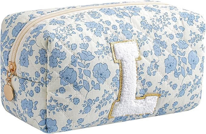 Gleyemor Personalized Initial Makeup Bag for Women, Cute Quilted Blue Floral Cotton Cosmetic Bag, Christmas Gifts for Her Mom Friend Sister Bridesmaid Teacher Women L