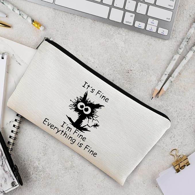 Black Cat Makeup Bag,Black Cat Gifts It's Fine I'm Fine Everything is Fine Funny Cat Cosmetic Bag Zipper Travel Toiletry Bag Best Gift Idea for Cat Lovers Teen Girls,Cat Moms Gifts