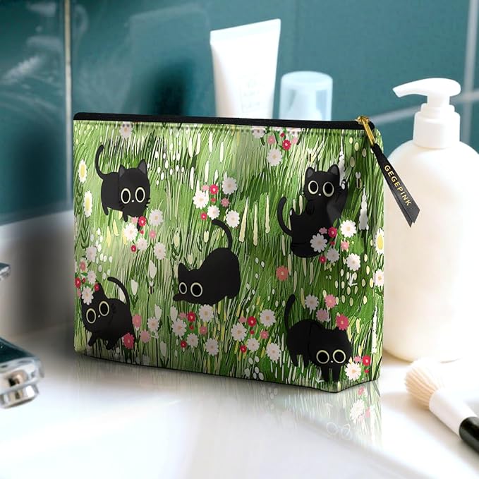 Cute Makeup Bag for Purse Waterproof Cosmetic Bags for Women Funny Smooth Zipper Travel Toiletry Pouch 10X8 Inches-Black Cat Floral Makeup pouch