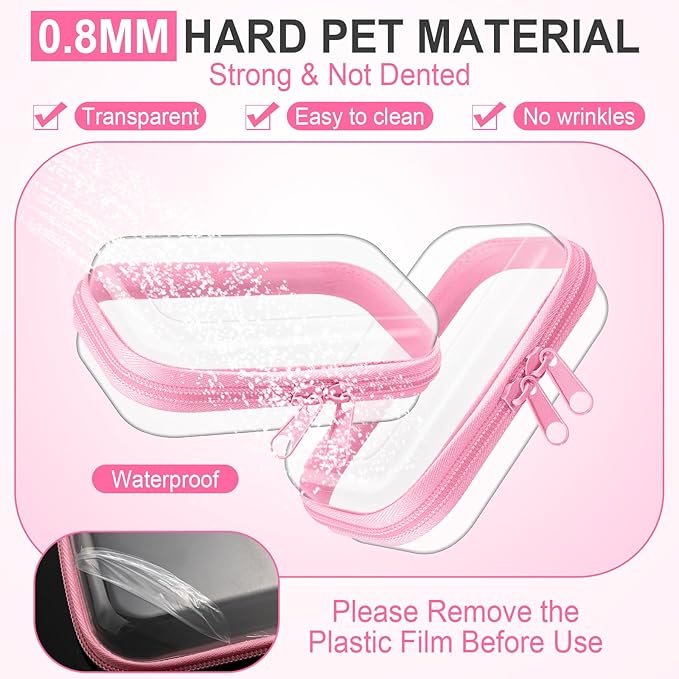 Hoolerry 3 Pcs Clear Hard Zipper Case Plastic Pouch Transparent Hard Case Clear Makeup Bag Portable Travel Organizer Bin for Cosmetics, Building Blocks, Puzzles(Pink,Xs)
