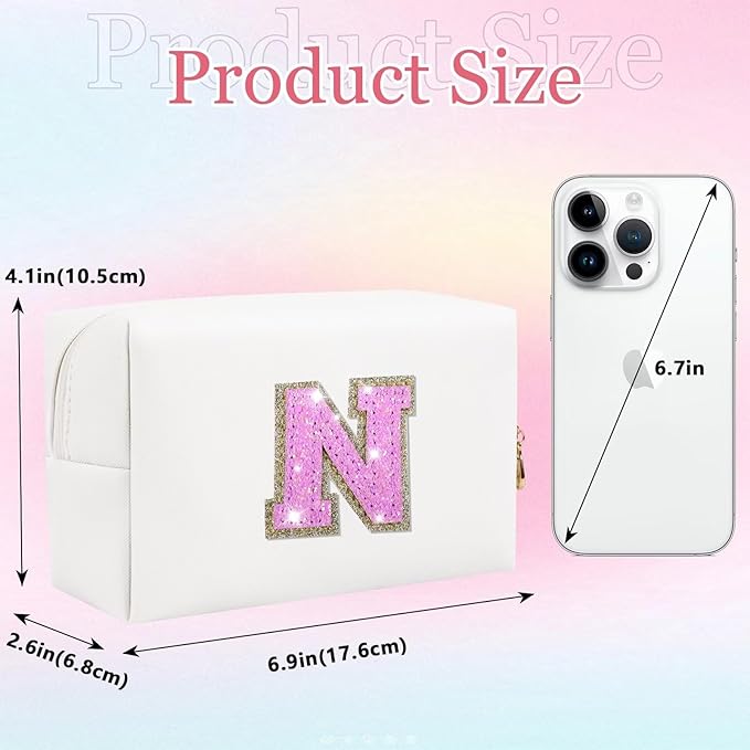 Glitter Initial Letter Makeup Bag, Small Personalized Sequins Letters PU Leather Cosmetic Bag Portable Waterproof Makeup Zipper Pouch, Shine Handbag Organizer Travel Bag Gifts for Women&Girls(White-N)