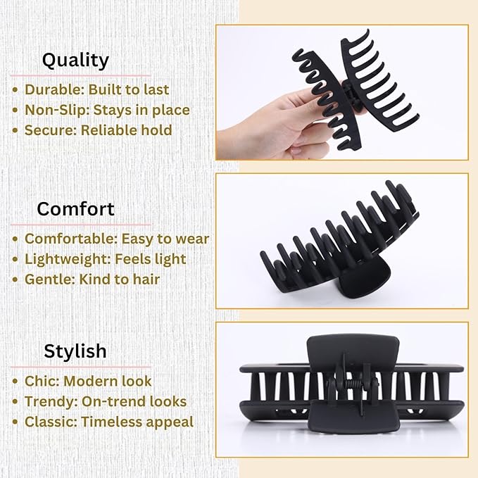 Black Hair Clips for Women -8 Pack 4.3 Inch Large Matte Banana Claw Clips for Women Thin Thick Curly Hair, Big Strong Hold jaw