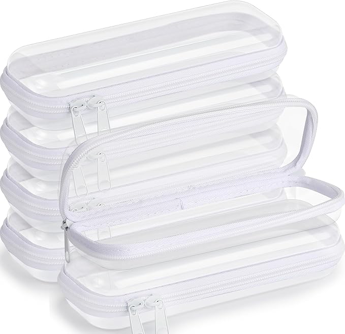 Sanwuta 6 Pcs Clear Hard Zipper Case Hard Plastic Zipper Pouches Makeup Bag Pencil Pouches Transparent Cases for Snacks Plastic Storage Organizer Box for Travel(White,7.87 x 2.56 x 1.57 Inch)