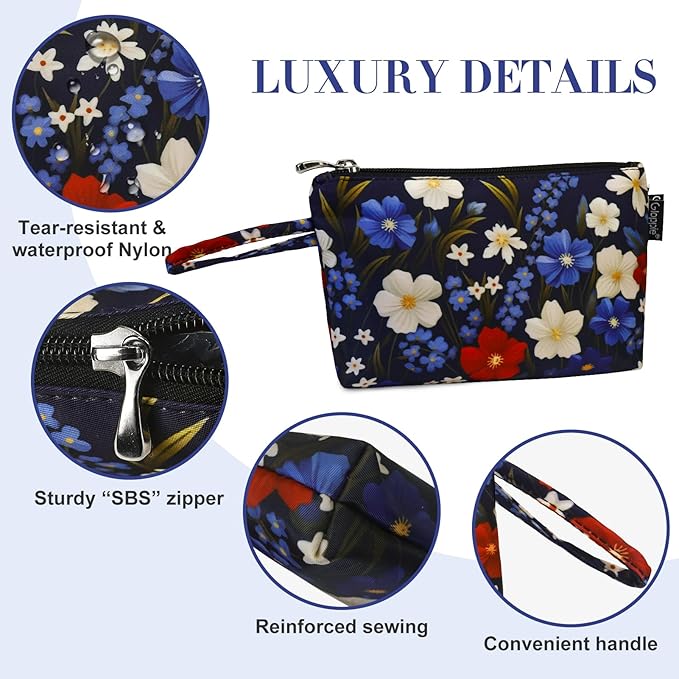 Gloppie Small Makeup Bag for Purse Lightweight Cosmetic Bag Floral Makeup Pouch for Women Blue Red Flower