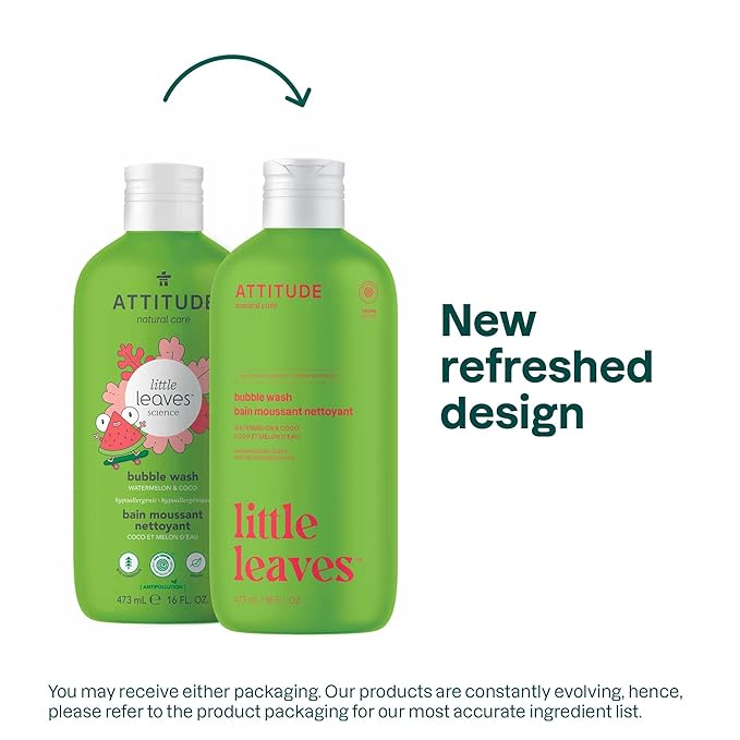 ATTITUDE Bubble Wash for Kids, EWG Verified Bubble Bath, Hair Shampoo and Body Soap, Dermatologically Tested, Plant- and Mineral-Based, Vegan, Watermelon & Coco, 16 Fl Oz