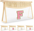Small Boho Straw Initial Letter Makeup Bag Personalized Gift ,Cute Clear Chenille Patch Makeup Bag With Zipper,Trendy TSA Approved Travel Toiletry Bag,Gift for Women Girls Birthday Friend, Letter F