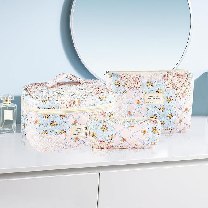 3Pcs Cotton Quilted Makeup Bag for Women Girls Large Small Travel Floral Cosmetic Bags Set Cute Coquette Makeup Pouch for Purse Aesthetic Cloth Bee&Flower Storage Toiletry Bag Organizer