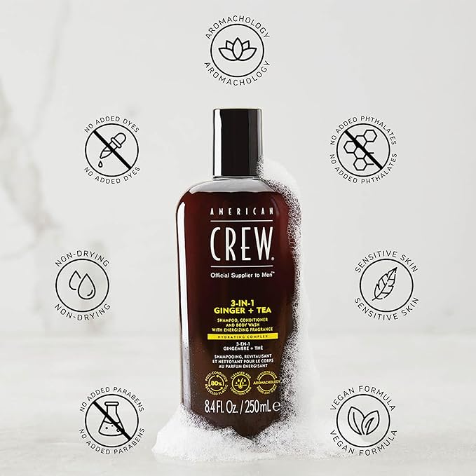 AMERICAN CREW 3-in-1 Ginger & Tea, Shampoo, Conditioner & Body Wash for Men, Hair Care Gift for Him, Revitalizing and Refreshing Fragrance, 8.4 fl oz