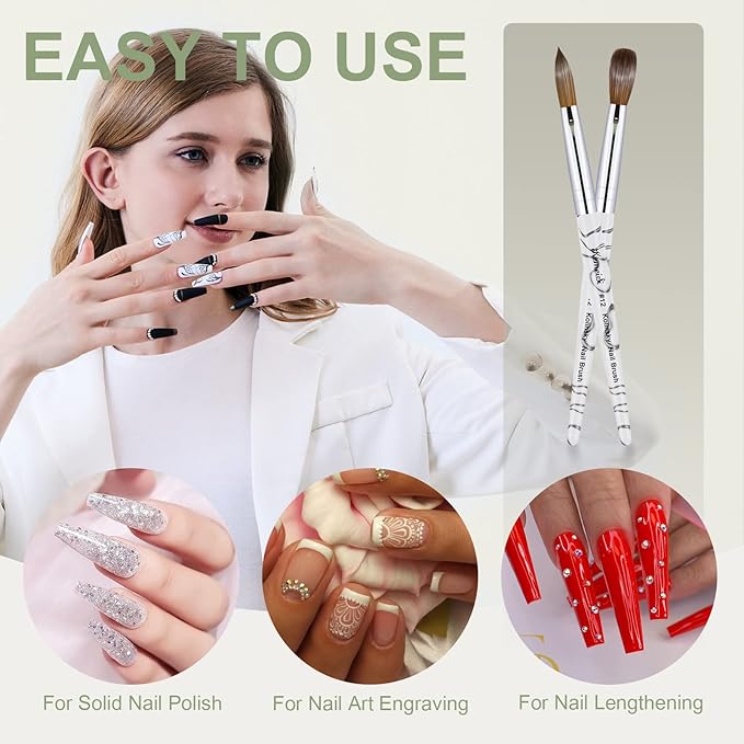 Acrylic Nail Brush Size 12,KEMEISI 100% Pure Kolinsky Nail Art Brushes Sturdy Marble Handle Oval Shaped Acrylic Powder Nail Design Tools for Professional Manicure DIY Home Salon (White)