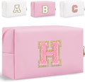 Small Personalized Glitter Initial Letter Makeup Bag, Cute PU Leather Chenille Letters Cosmetic Bag Travel Makeup Pouch, Preppy Travel Organizer Zipper Pouch for Women&Girls（PinkPink-H）