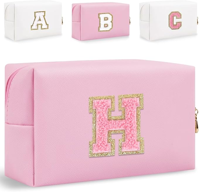 Small Personalized Glitter Initial Letter Makeup Bag, Cute PU Leather Chenille Letters Cosmetic Bag Travel Makeup Pouch, Preppy Travel Organizer Zipper Pouch for Women&Girls（PinkPink-H）