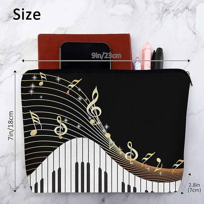 Women Makeup Organizer Bag Piano Music Notes Instrument Piano Flax Cosmetic Bag Makeup Bags Toiletry Bag Accessories Organizer Travel Bags For Home Bathroom Office Hotel Gym Black Golden