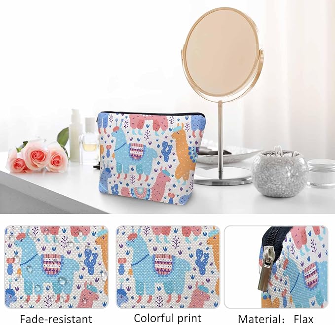Makeup Bag For Purse Llama, Cartoon Llama Alpaca Cactus Cosmetic Bags For Women With Zipper Travel Toiletry Pouch Makeup Bags Makeup Organizers Purse For Toiletries Cosmetics