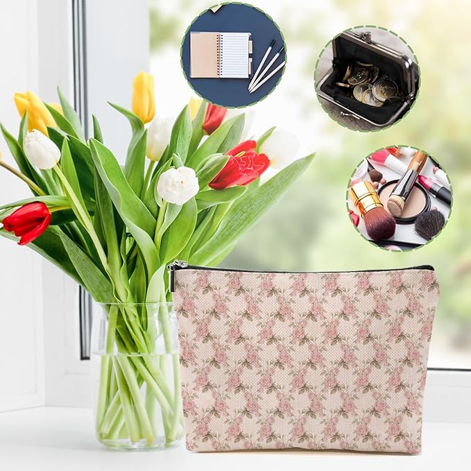 Watercolor Pink Flowers Makeup Bag Floral Cosmetic Bag Friend Friendship Gifts for Women Girls Sister Coworker Mom Botanical Travel Organizer Zipper Pouch Christmas Thanksgiving Birthday Gifts