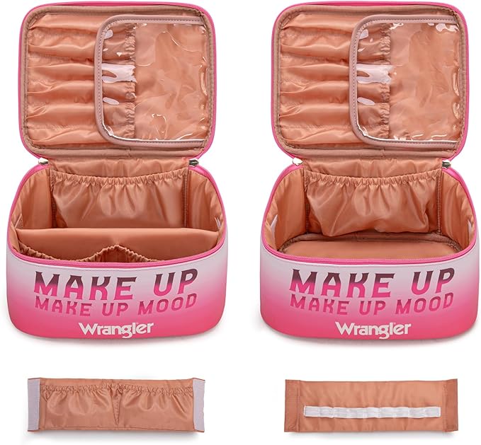 Montana West X Wrangler Travel Makeup Bag 2pcs Set Large Cosmetic Bag with Makeup Brush Holder Portable Make Up Organizer Cute Toiletry Bag with Divider and Handle for Women Gradient