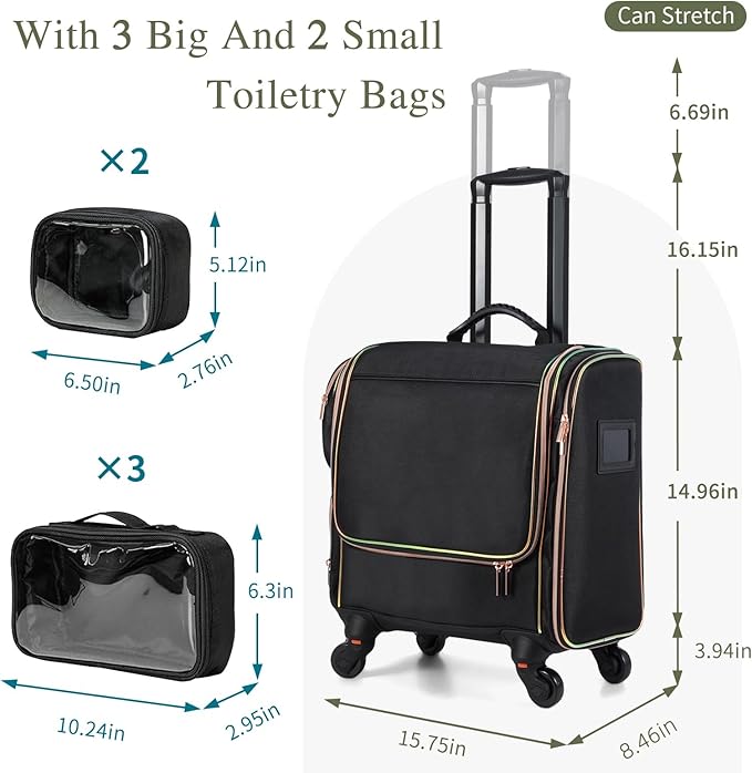 Stagiant Rolling Makeup Train Case, Professional Makeup Case, Travel Cosmetic Organizer Make Up Storage Bag for Makeup Artist, Hairstylist, Barbers, with 5 Toiletry Bags, Black