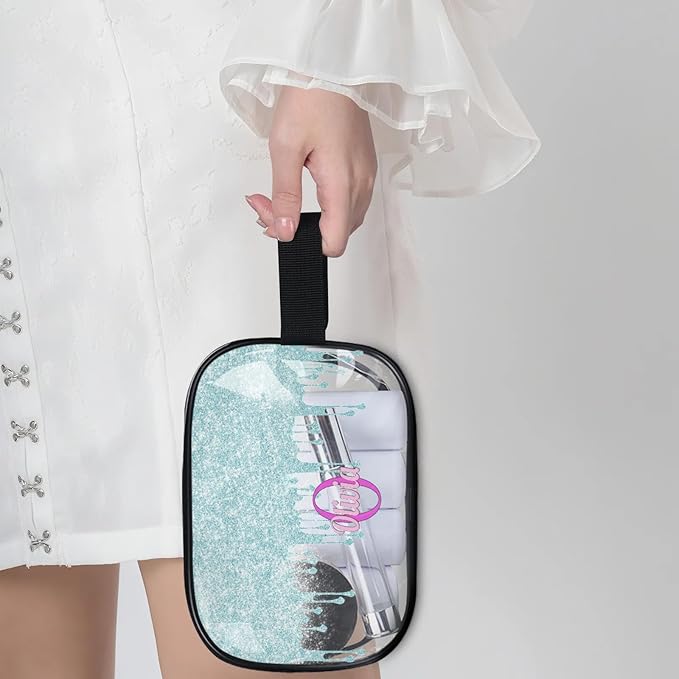 Custom Clear Makeup Toiletry Bag, Personalized Travel Cosmetic Organizer Case Portable Bag with Zipper, Lavender Purple, Light Blue Curtain Glittering