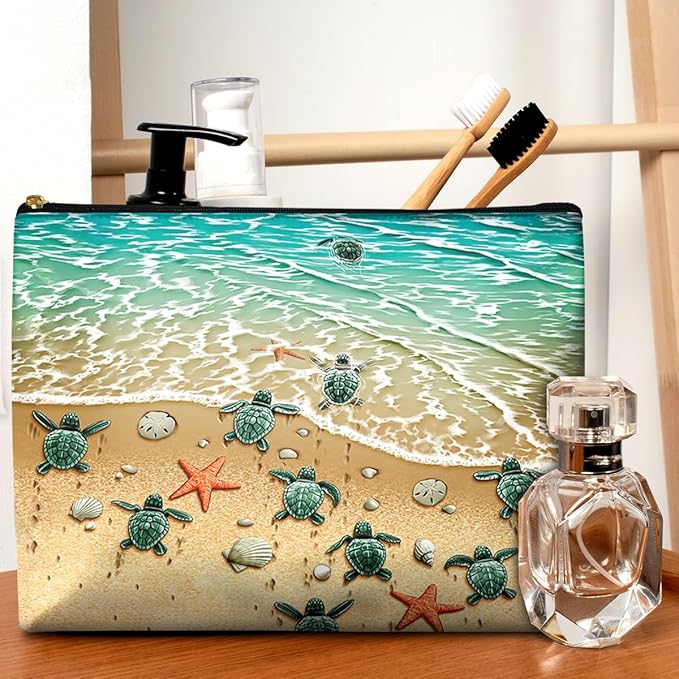 Cute Makeup Bag for Purse Waterproof Cosmetic Bags for Women Funny Smooth Zipper Travel Toiletry Pouch 10X8 Inches-Seashell on Beach Makeup pouch