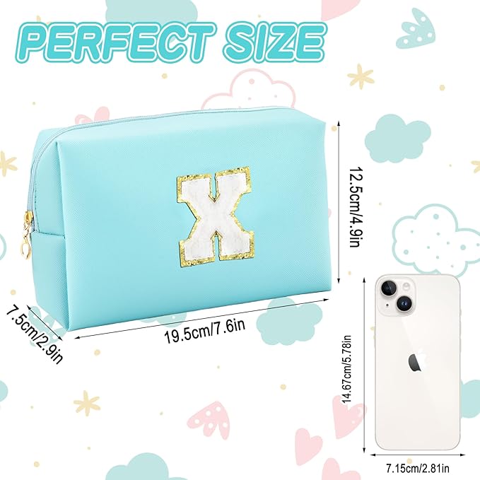 Gifts for Girls Initial Makeup Bag Personalized Cosmetic Bag with Zipper Cute Travel Toiletry Bag Waterproof PU Preppy Makeup Pouch Birthday Gift for Teen Girls Women(Blue X)