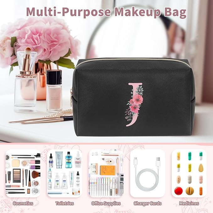 Personalized Initial Makeup Bag, Birthday Gifts for Women and Girls, Small Makeup Pouch Travel Toiletry Bag, Make Up Organizer Bag Gift Trendy Stuff for Friend Mom Teacher, Black