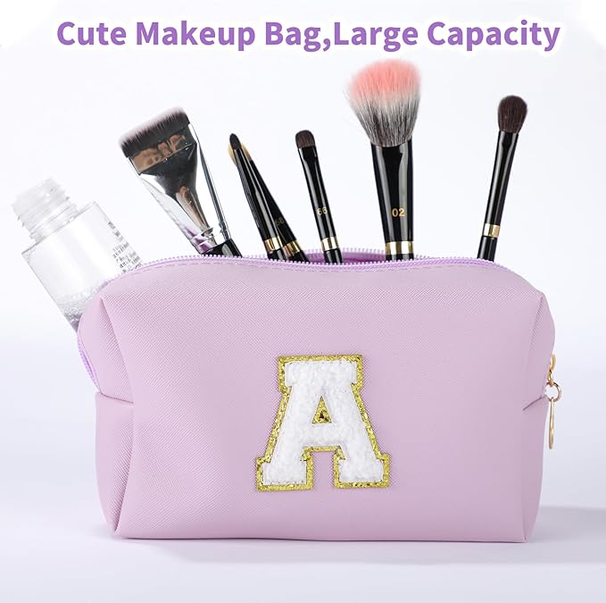 MSQ Personalized Makeup Bag Initial A-Z Patch Bag, PU Leather Cosmetic Bag Pouch Travel Toiletry Bag with Zipper, Gift Ideal for Teen Girls Friend Mom Women Birthday(Purple A)
