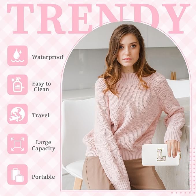 Small Initial Patch Makeup Bag Personalized Gifts Make Up Bag,White Cute PU Leather Glitter Letter Cosmetic Bag with Zipper,Trendy Portable Travel Toiletry Pouch,Preppy Stuff for Teen Girls Women L