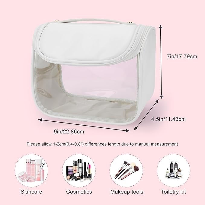 YFG Travel Toiletry Bag for Women & Men, Transparent Cosmetic Organizer with Hook, Portable, Organizer, for Travel-Sized Shampoo, makeup Accessories, Brushes Set, Conditioner, Medium Size White