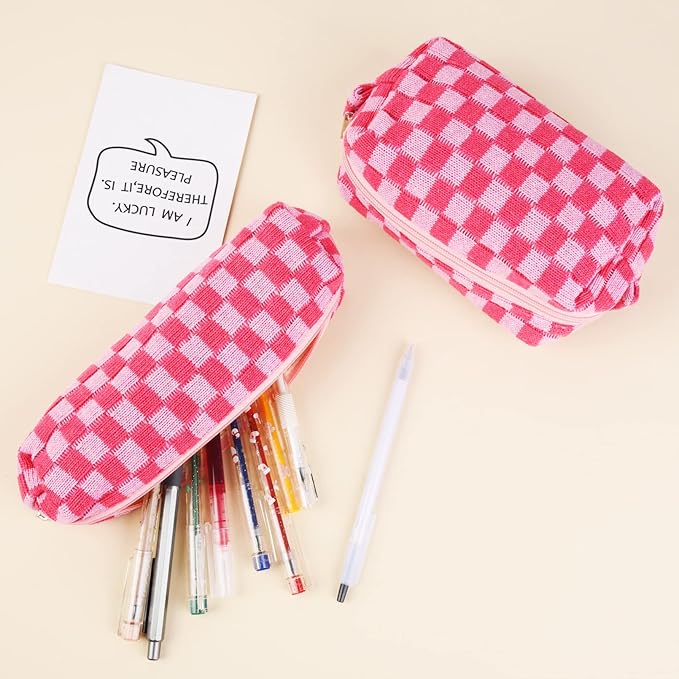 SOIDRAM Checkered Cosmetic Bag and Makeup Brush Storage Bag - Pink Travel Toiletry Organizer