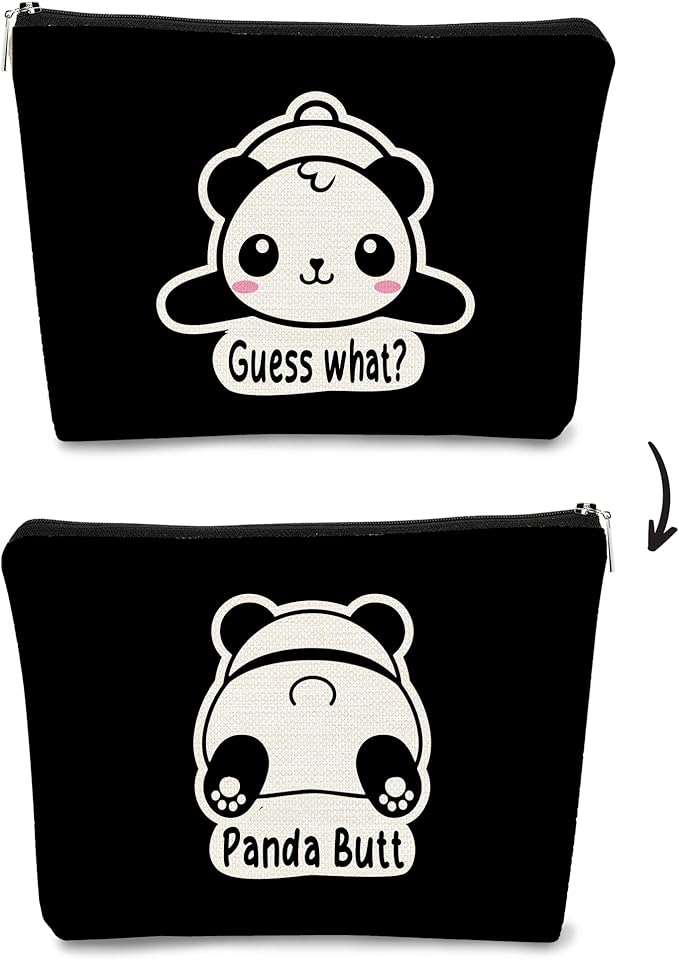 Cute Baby Panda Makeup Bag, Guess What It's Pug Butt Cosmetic Case for Teen Girls & Women, Panda Accessory (Black)