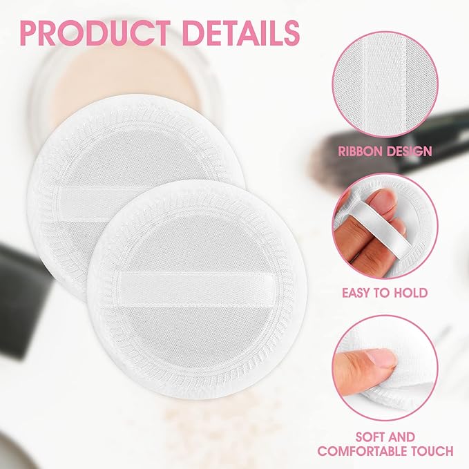 Sibba Powder Puff 2PCS Cotton Cosmetic Face Makeup Velour Powder Pads with Ribbon for Loose and Foundation Round White Dry Puff Suitable for Eyeshadow Blush Concealer and etc.