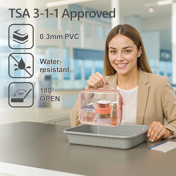PACKISM Clear Makeup Bag - 2 Pack TSA Approved Toiletry Bag with Handle and 180° Large Opening, Clear Toiletry Bag Fit Carry-on Travel Essential, Travel Bags for Toiletries, Rose Pink