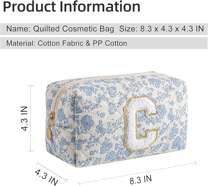 Gleyemor Personalized Initial Makeup Bag for Women, Cute Quilted Blue Floral Cotton Cosmetic Bag, Christmas Gifts for Her Mom Friend Sister Bridesmaid Teacher Women C