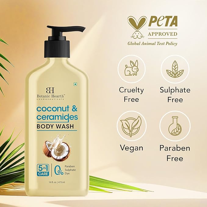 Botanic Hearth Coconut & Ceramides Body Wash Hydrating Shower Gel, Gentle Cleanser with 5 in 1 Care Sulfate Free, Paraben Free, Dye Free 16 fl oz