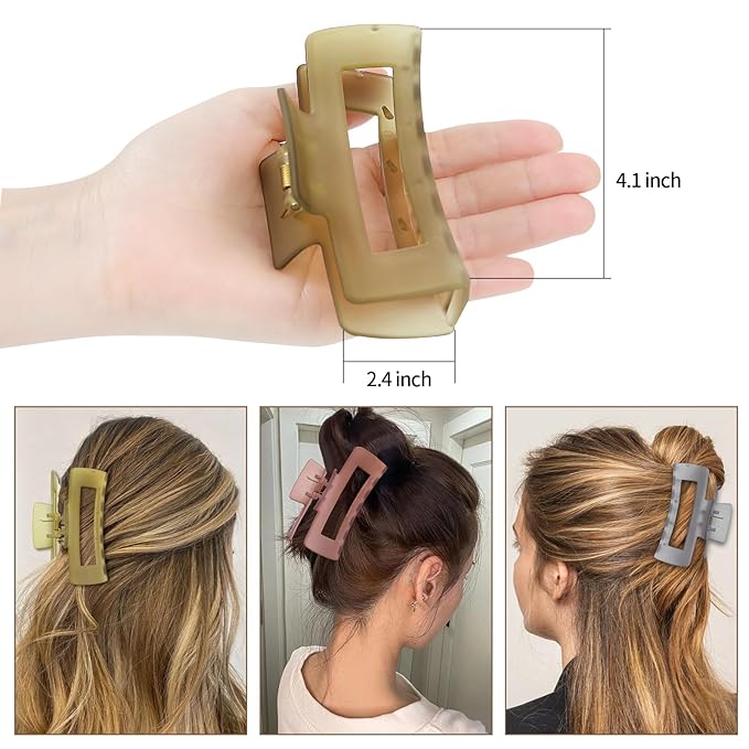 4 Inch Big Hair Claw Clips 6 Pcs Large Claw for Thick Hair Square Hair Clips for Women Rectangle Hair Clips Nonslip Acrylic Banana Jaw Clips Hair Accessories for Girls (Tea)