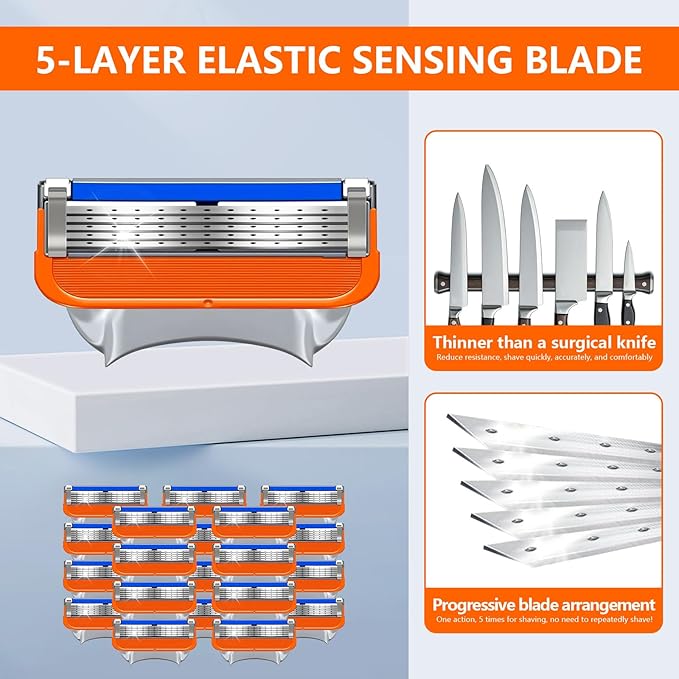 16 PCS Razor Blade Shaving Razor Blade Refills for Fusion 5, a More Comfortable Shave for Men, Orange New Version