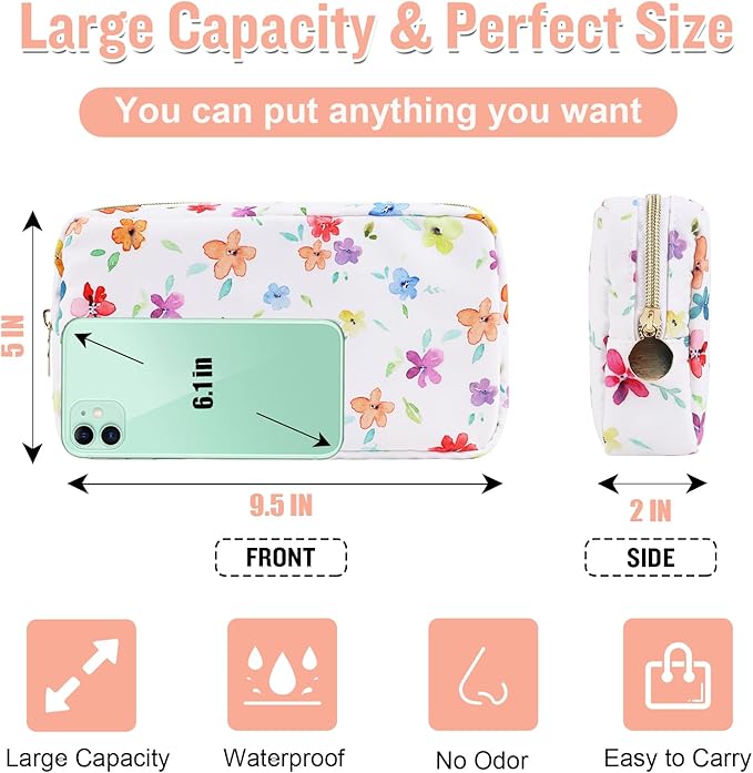 Nylon Small Floral Makeup Bag for Purse, Cute Preppy Makeup Bag Flower Cosmetic Zipper Pouch Purse, Waterproof Portable Travel Toiletry Makeup Brush Bag Organizer Storage for Women Girls(White-Flower)