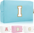 Personalized Initial Letter Patch Makeup Bag, Preppy Portable Chenille Letter Cosmetic Bag with Zipper, PU Leather Waterproof Travel Toiletry Bag Monogram Make Up Pouch for Women Girls(Letter I)