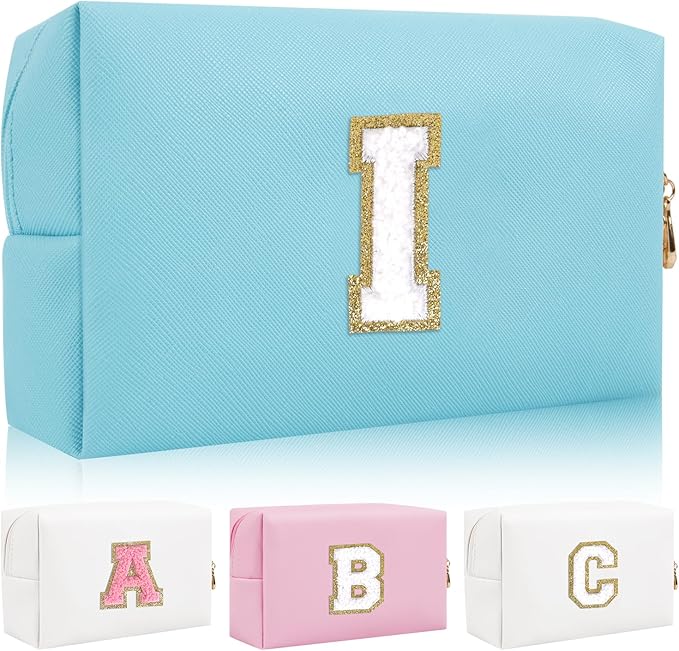 Personalized Initial Letter Patch Makeup Bag, Preppy Portable Chenille Letter Cosmetic Bag with Zipper, PU Leather Waterproof Travel Toiletry Bag Monogram Make Up Pouch for Women Girls(Letter I)