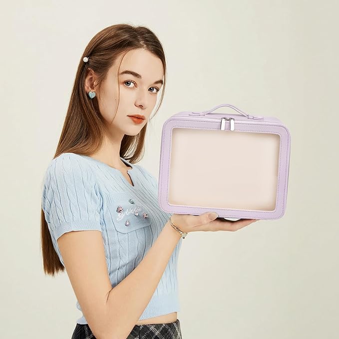 Clear Makeup Bag,Large Toiletry Case for Women,PU Leather Travel Cosmetic Bag,Detachable Makeup Case,Double Compartment Make up Organizer