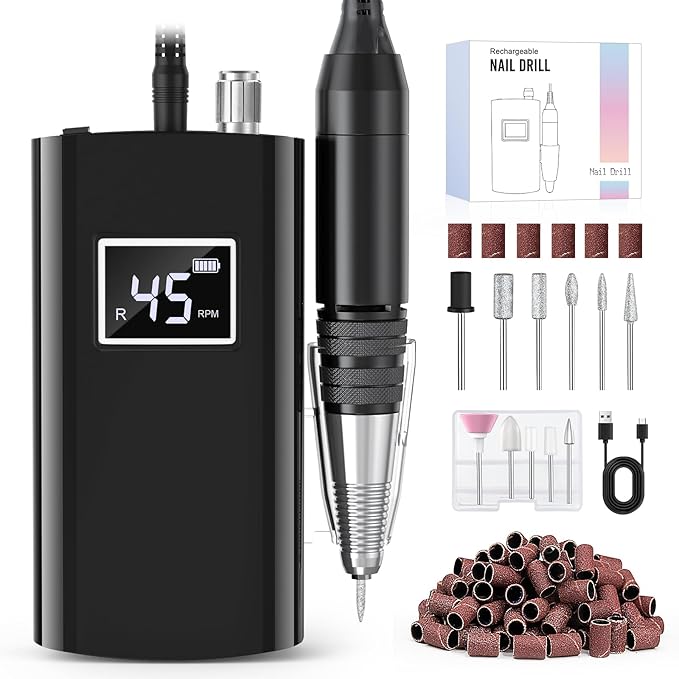 Beloving Portable Nail Drill Professional, 45000RPM Rechargeable Nail Drill Electric File Machine for Acrylic Gel Polish Remover, Cordless Nail Kit for Manicure Pedicure with 11 Bits for Salon (Black)