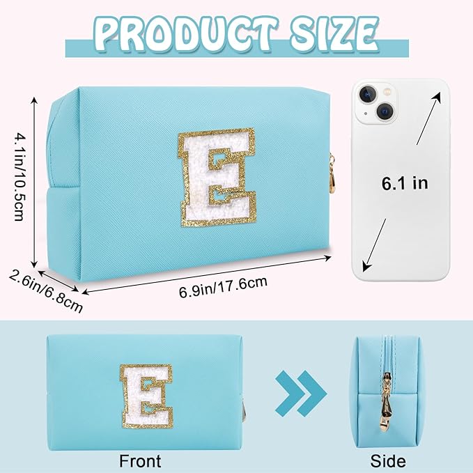 Personalized Chenille Letter Preppy Patch Makeup Bag, Small Blue Cosmetic Organizer Initial Toiletry Zipper Pouch Monogram Makeup Storage, Waterproof Makeup Case Travel Essentials for Women(Letter E)