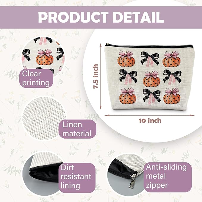 Coquette Halloween Makeup Bags - Bow Pumpkins Cosmetic Gifts for Women