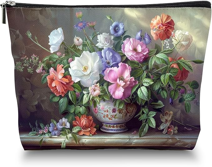 Makeup Bag Travel Cosmetic Bags Small Makeup Case Waterproof Zipper Pouch for Women Girls 7X9inches - Exquisite Bouquet in A Decorated Ceramic Vase