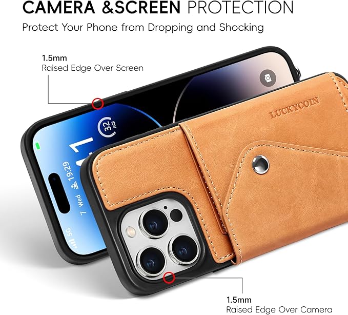 LUCKYCOIN Crossbody Wallet Phone Case for iPhone 14 Pro Max,100% Genuine Leather Wallet Phone Case with Expandable Flip Card Holder,Phone Purse for Women with Adjustable Removable Strap - Tan