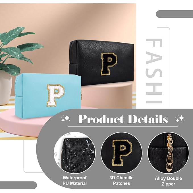 Personalized Initial A-Z Preppy Patch Makeup Bag,Small PU Chenille Letter Cosmetic Bag with Zipper for Teen Girls,Black Cute Toiletry Organizer Bag,Monogram Makeup Case Gift for Women Girls,Letter P