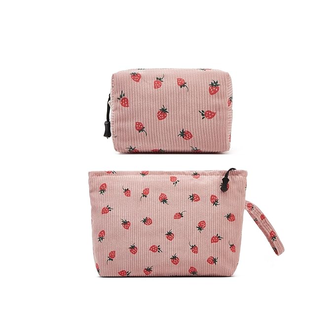 Makeup bag set small Cosmetic bag for women purse Corduroy Organizer with interior Pockets,cute Pencil zipper Pouch travel Toiletry Bag with handle((Strawberry Pink)